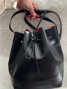 Mansur Gavriel Black Leather Bucket Bag with Red Interior Trim